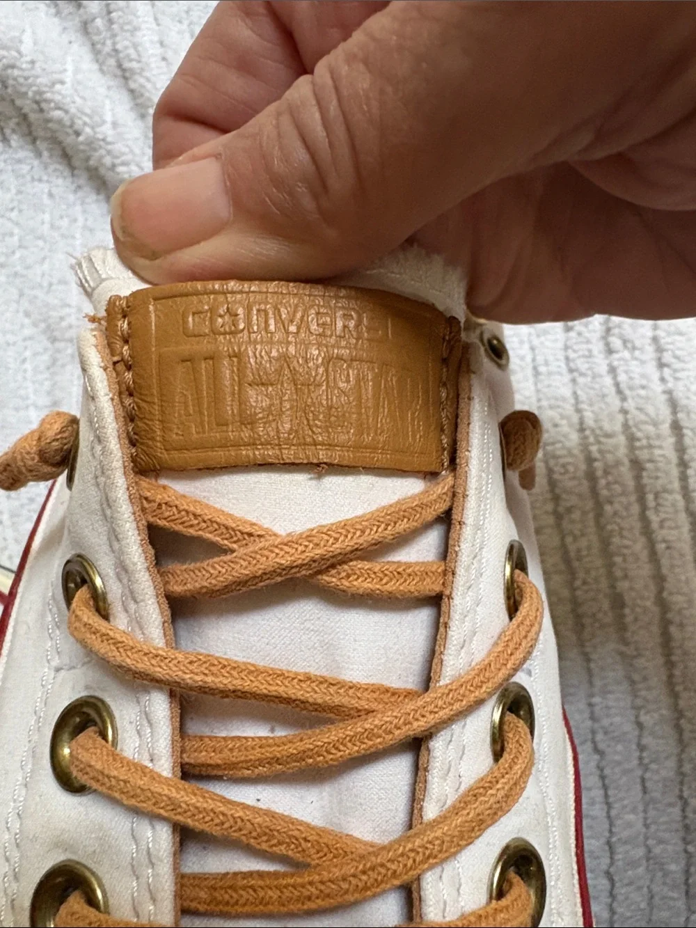 Converse Low-Top Canvas Sneakers in Cream with Tan Laces and Red Trim